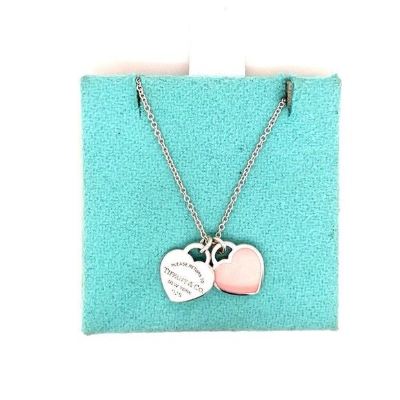 T&Co. 925 Pink Enamel Mini Double Heart Necklace - Picture 1 of 8
